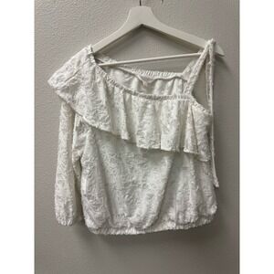 Lauren Conrad Womens White One Shoulder Ruffle Lace Textured Top Large